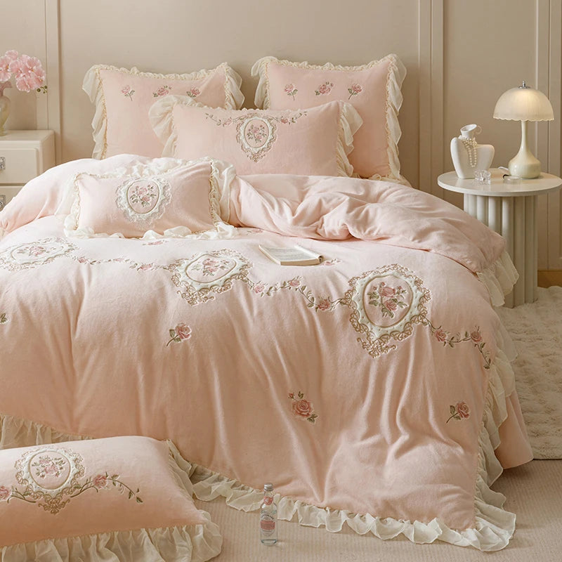 White Rose Flowers Western Fleece Embroidered Ruffles Princess Bedding Set