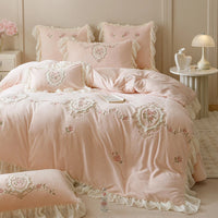 Thumbnail for White Rose Flowers Western Fleece Embroidered Ruffles Princess Bedding Set