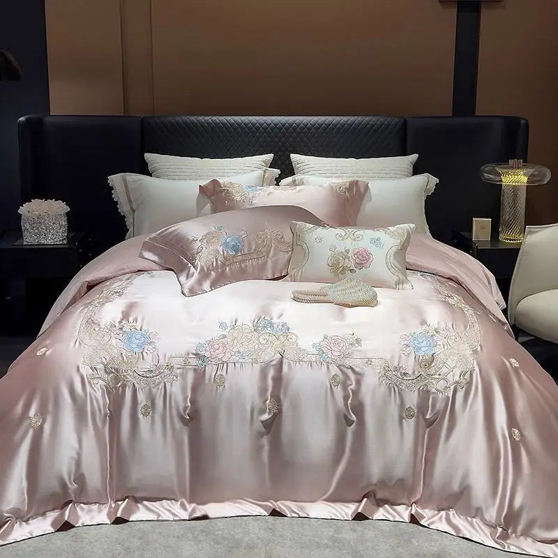 Luxurious Champagne Patchwork Rose Egyptian Cotton 1000TC Flowers Embroidered Bedding Set