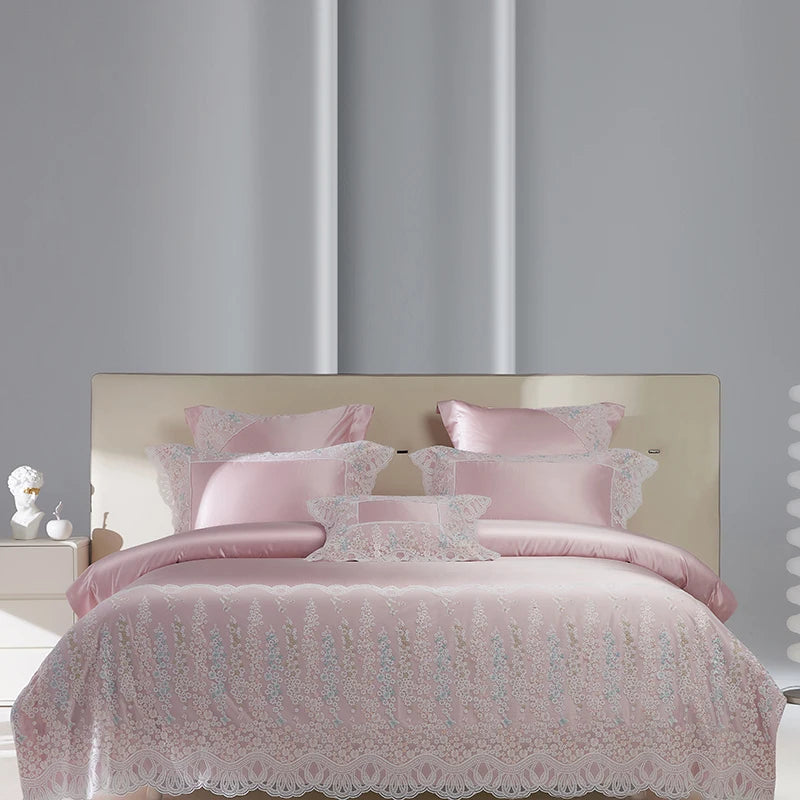 Pink Elegant European Satin Wedding Egyptian Cotton 1000TC Bedding Set