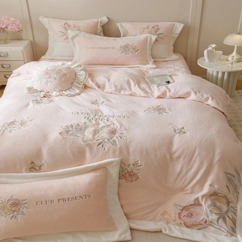 Pink Rose Flowers Embroidered Princess Fleece Velvet Bedding Set