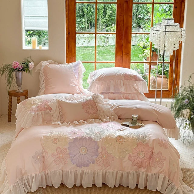 White Purple Romantic Flowers Embroidery Princess Duvet Cover, 1200TC Egyptian Cotton Bedding Set