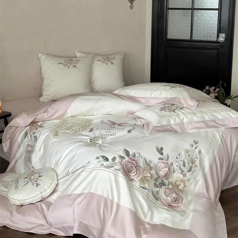 Victorian Peony Flowers Embroidered Princess Egyptian Cotton 1000TC Bedding Set