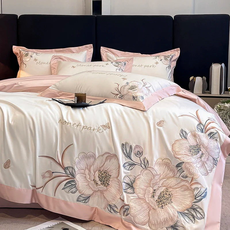 Pink Flowers Embroidered Wedding, Egyptian Cotton Soft Bedding Set