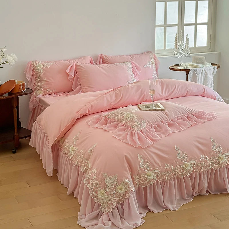 Pink Gold Royal Luxurious French Rose Embroidered Duvet Cover Set, Cotton Bedding Sets