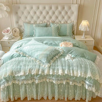 Thumbnail for Pink Romantic Korean Princess Lace Ruffles Duvet Cover Set, Cotton Bedding Set