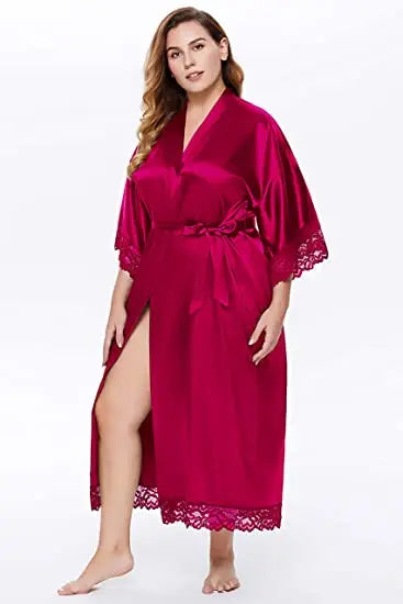 Red Black Nightdress Plus Size Sexy Long Bath Robe Gown Ice Silk Sleepwear