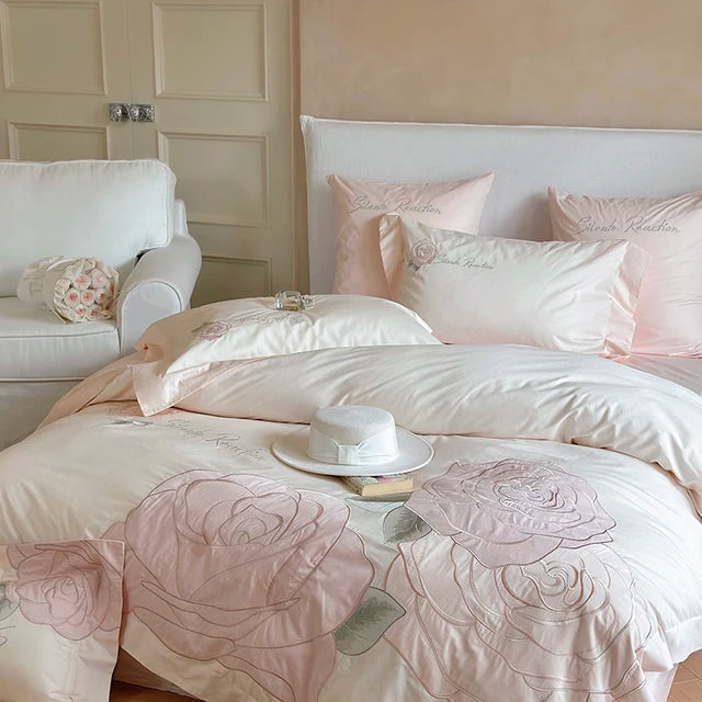 Pink Rose Embroidered Washed Cotton Soft Skin-friendly Bedding Set