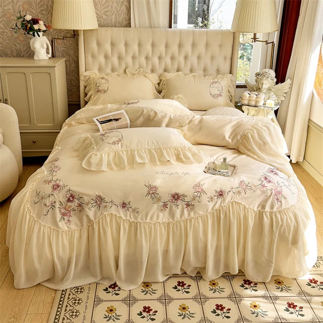 Pink Vintage French Beige Ruffles Flowers Embroidered Egyptian Cotton 1000TC Bedding Set