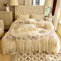 Thumbnail for Pink Vintage French Beige Ruffles Flowers Embroidered Egyptian Cotton 1000TC Bedding Set