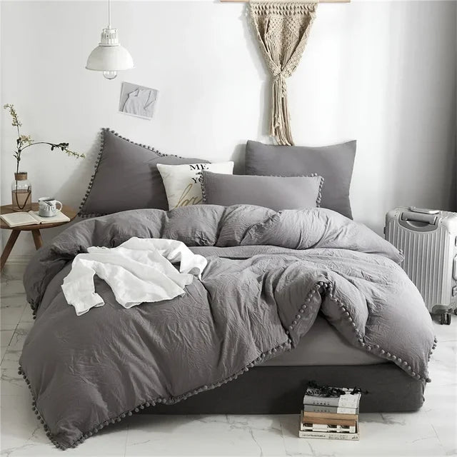 Pure White Purple American Furball Tassel Premium Cotton Duvet Cover Bedding Set