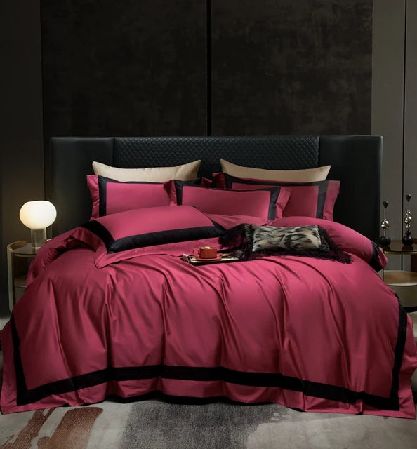 Luxury Red Burgundy Long Striped Egyptian Cotton 1000TC Bedding Set