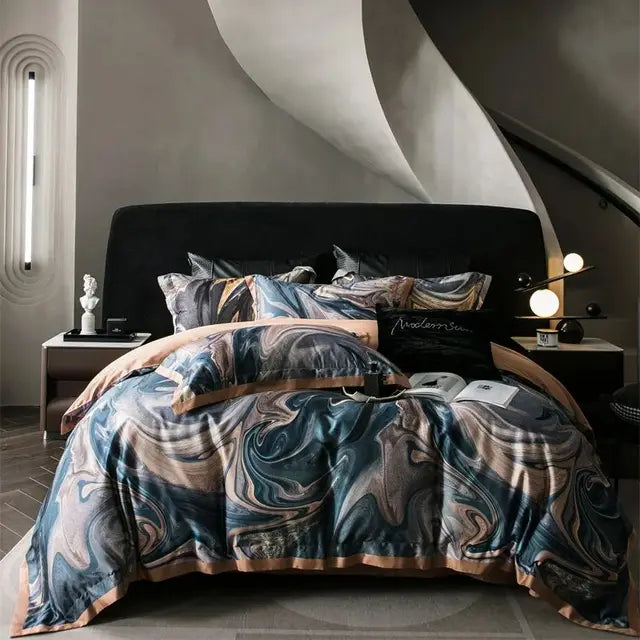 Luxury Vintage Contrast Painting Print Lyocell Cotton Soft Silky Bedding Set