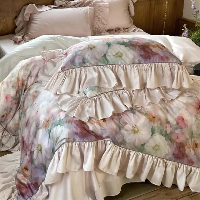 French Floral Print Lyocell Cotton Soft Silky Cool Feeling Bedding Set