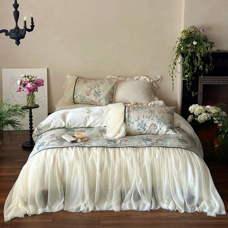 Nature Leaves Print French Princess Lyocell Cotton Skin-friendly Bedding Set