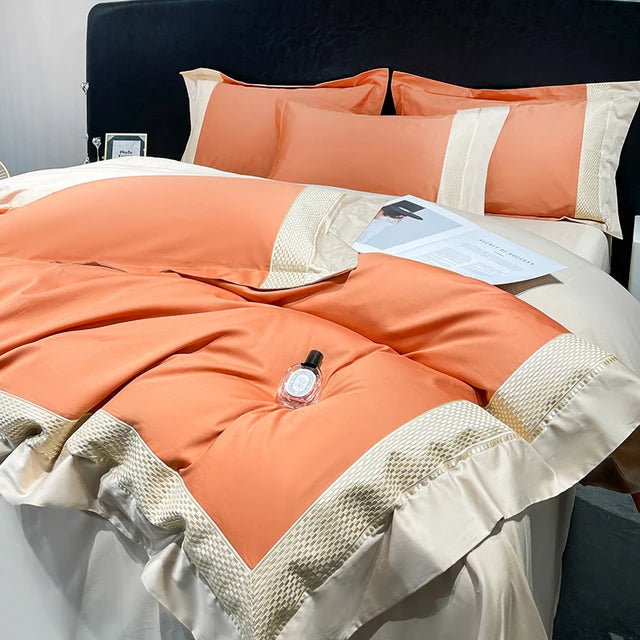 Modern Contemporary Orange Cream 1000TC Egyptian Cotton Embroidery Bedding Set