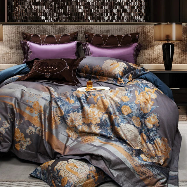 Luxury Purple Floral Nature Jacquard Egyptian Cotton 1000TC Bedding Set