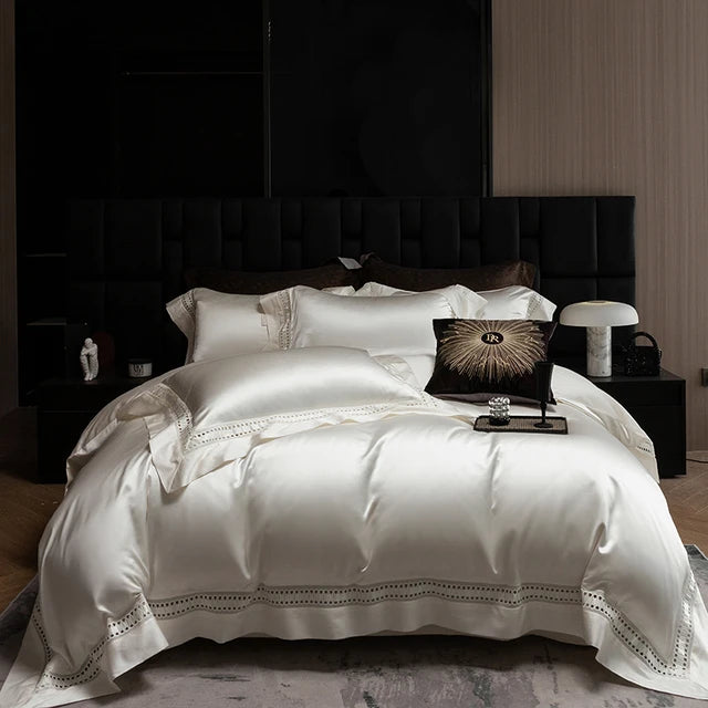 Modern White 1000TC Egyptian Cotton Bedding Set Ensemble with Lace Details