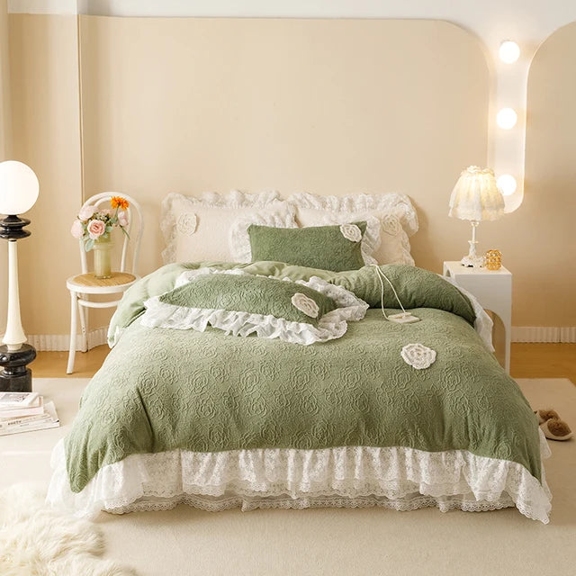 Elegant Green Carved Velvet Lace Trim Cozy Bedding Set