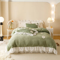 Thumbnail for Elegant Green Carved Velvet Lace Trim Cozy Bedding Set