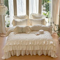 Thumbnail for Clean Floral 3 Layers Ruffles Embroidery Girl Duvet Cover, Egyptian Cotton Bedding Set