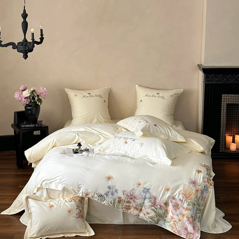 White Luxury Butterfly Flowers Embroidered Duvet Cover Set, Cotton Bedding Set