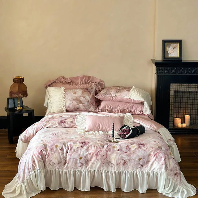 Luxury Vintage Rose Flowers Print Lyocell Cotton Soft Bedding Set