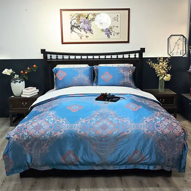 Luxury Blue European Satin Jacquard Hotel Duvet Cover Bedding Set