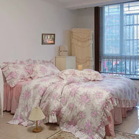 Thumbnail for French Rose Flowers Print 100% Cotton Lace Ruffles Bedding Set