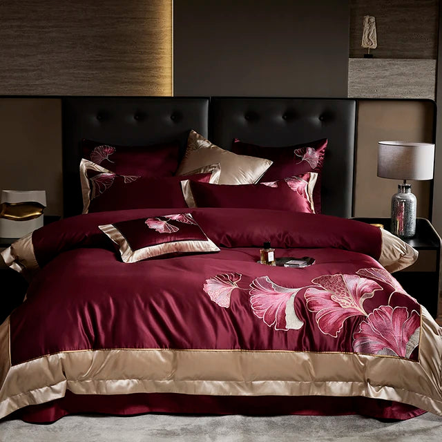Luxury Red Gold Ginkgo Biloba 1000TC Egyptian Cotton Embroidered Bedding Set