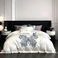 Thumbnail for Luxury White Blue Butterfly Flowers Embroidered Bedding Set - Soft Satin Silk Cotton