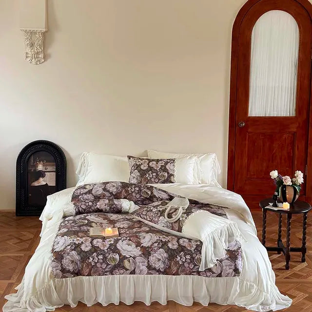 Romantic Vintage Flowers Pattern French Egyptian Cotton 1000TC Bedding Set