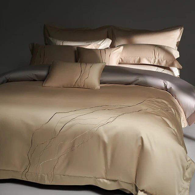 Luxury Gold European Embroidery Duvet Cover, 1400TC Satin Egyptian Cotton Bedding Set