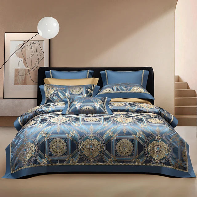 Luxury Blue Gold Baroque Geometric Print 1000TC Egyptian Cotton Bedding Set