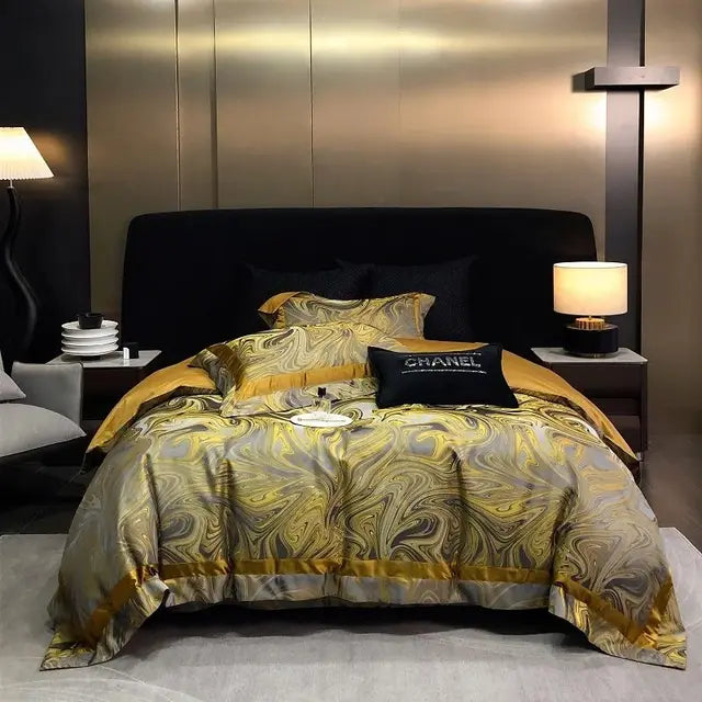 Luxury Gold Satin European Jacquard Egyptian Cotton 1000TC Bedding Set