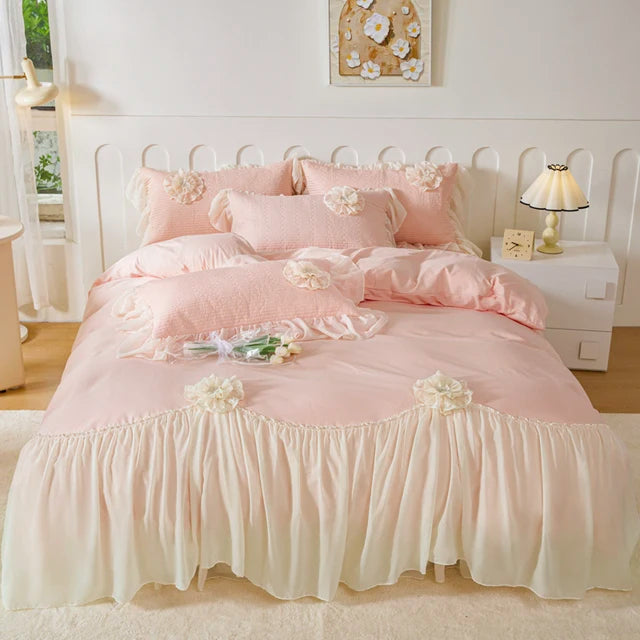 Romantic Pink Floral Pure Cotton Korean Princess Bedding Set - Soft and Elegant Design