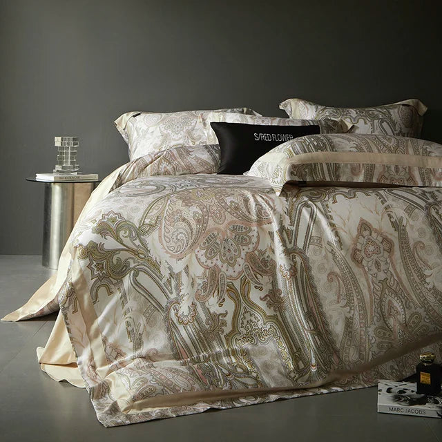 Luxury Baroque Beige Gold Paisley Lyocell Cotton Soft Duvet Cover Set