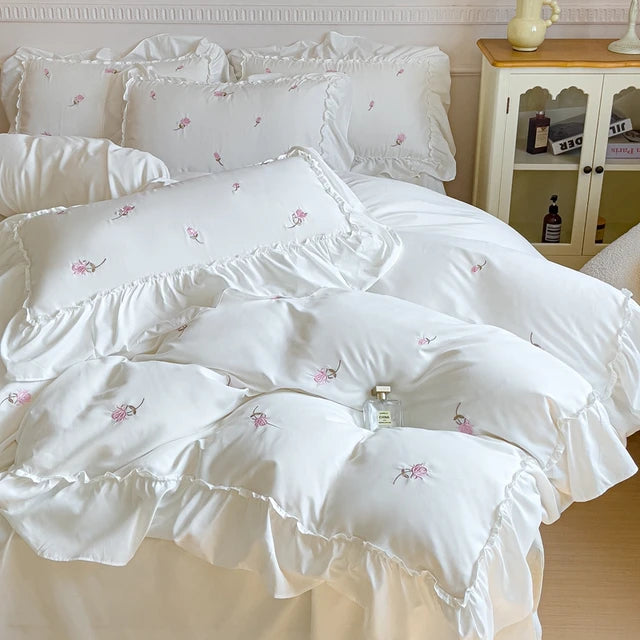 Premium Korean Princess Rose Flowers Embroidered Washed Cotton Skin Friendly Bedding Set
