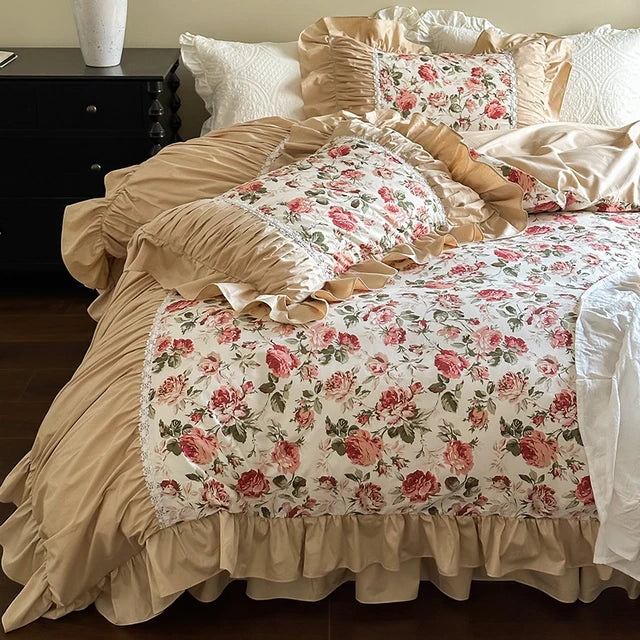 Vintage Beauty Rose Floral Pleat Bedskirt Cotton Bedding