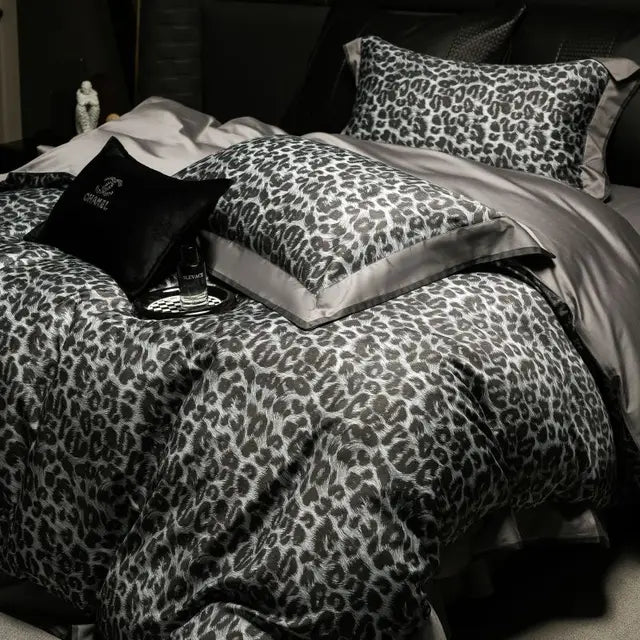 Premium Grey Leopard Print Egyptian Cotton 1000TC Bedding Set