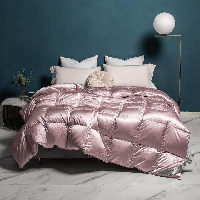 Light Pink Champagne Goose Down Comforter Fluffy Cozy Jacquard Bedding Set