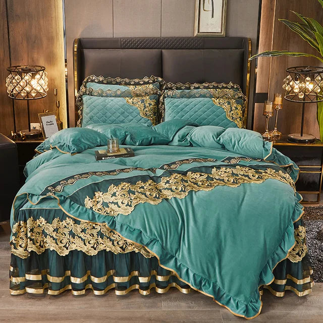 Luxury Blue Gold Royal European Crystal Velvet Bed Skirt Bedding Set