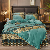 Thumbnail for Luxury Blue Gold Royal European Crystal Velvet Bed Skirt Bedding Set