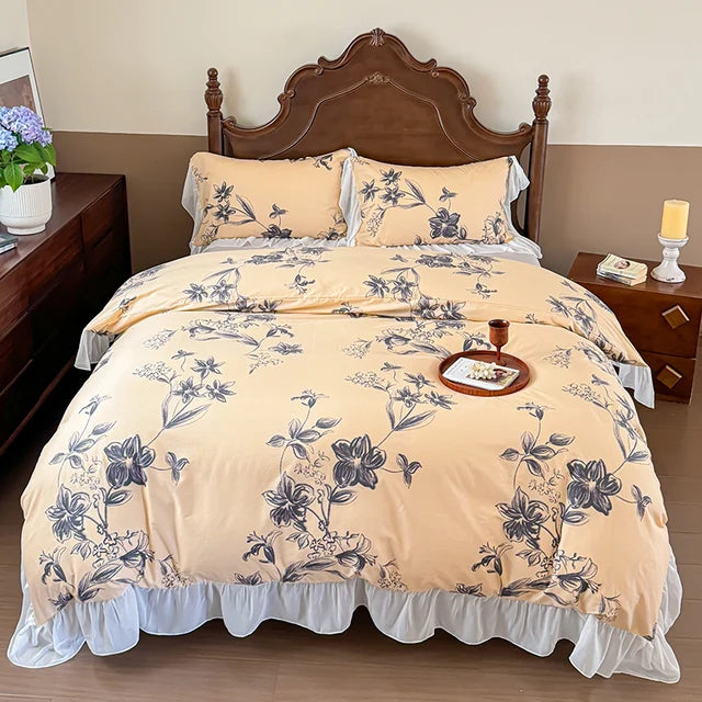 Elegant Vintage Rose Flowers Lace Ruffles Princess Cotton Duvet cover Bedding set