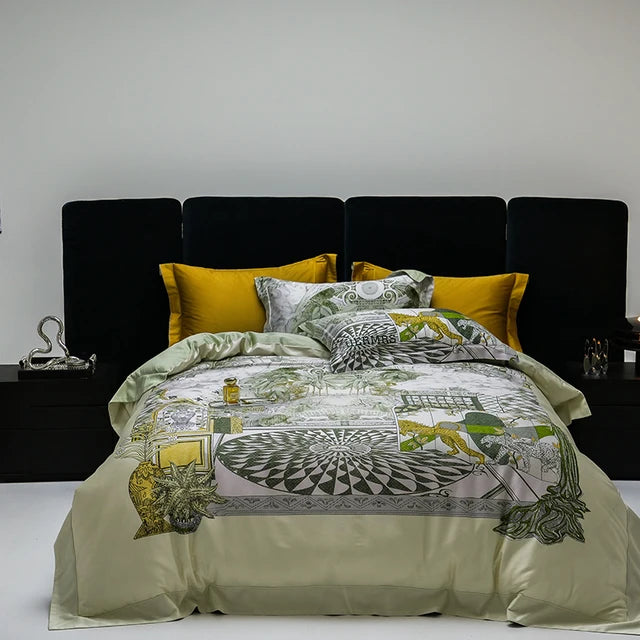 Luxury Botanical Digital Printing Satin Thickened Egyptian Cotton 1000TC Bedding Set