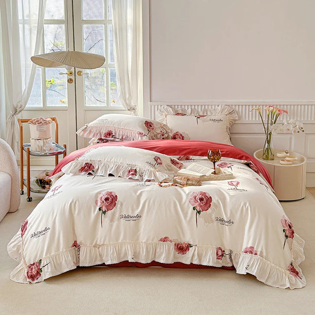 French Vintage Flowers Print Lace Ruffles 100% Cotton Bedding Set