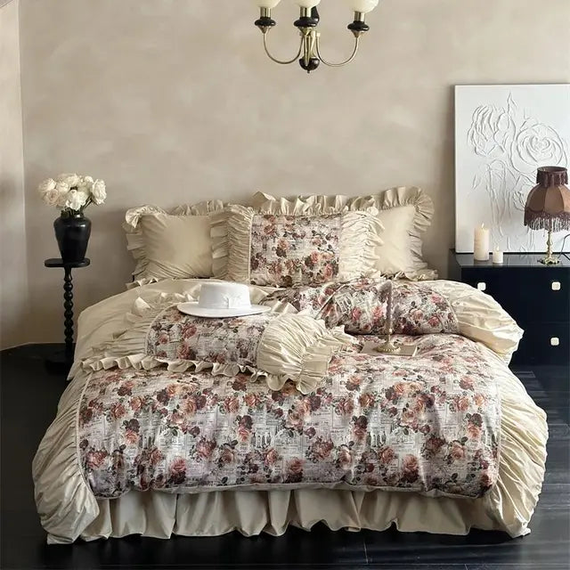 Vintage Rose Classic Oil Painting Rose Print Bedskirt Cotton Bedding Set