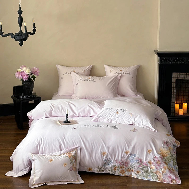 White Luxury Butterfly Flowers Embroidered Duvet Cover Set, Cotton Bedding Set