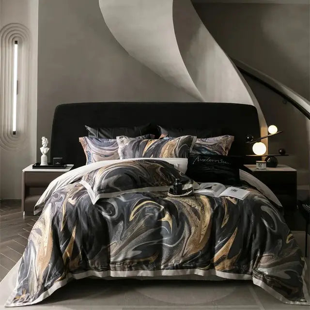 Luxury Vintage Contrast Painting Print Lyocell Cotton Soft Silky Bedding Set