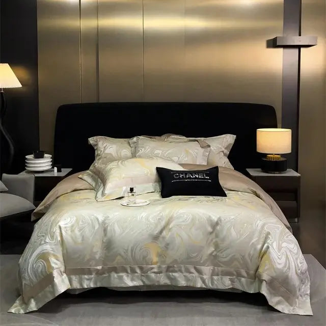 Luxury Gold Satin European Jacquard Egyptian Cotton 1000TC Bedding Set